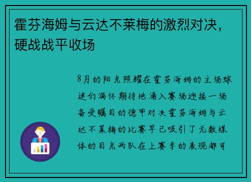 霍芬海姆与云达不莱梅的激烈对决，硬战战平收场