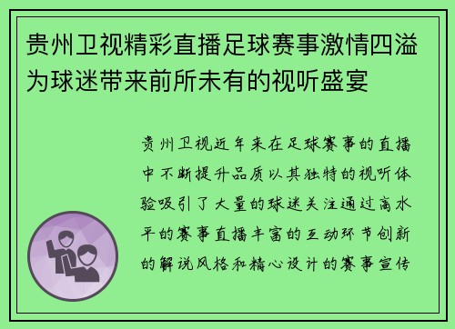 贵州卫视精彩直播足球赛事激情四溢为球迷带来前所未有的视听盛宴
